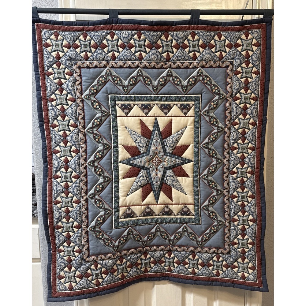 VTG Handmade Quilted Wall Hanging Star Patchwork Folk Art Textile Tapestry 36x31